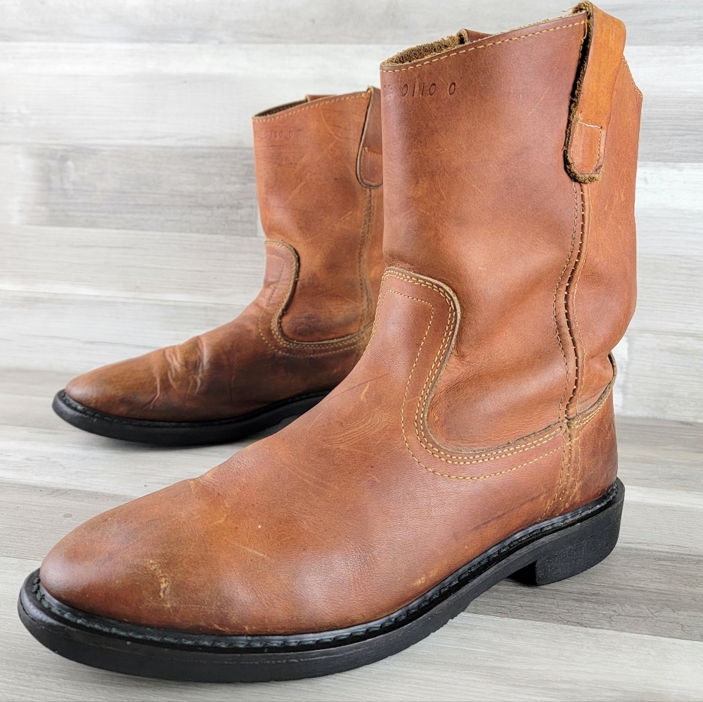 Vintage Azteca Western Leather Pull-on Work Boots Mens Size 9
